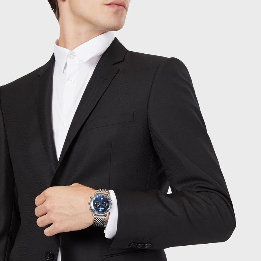 Front view of Emporio Armani AR11238 men’s watch with deep blue dial and silver strap