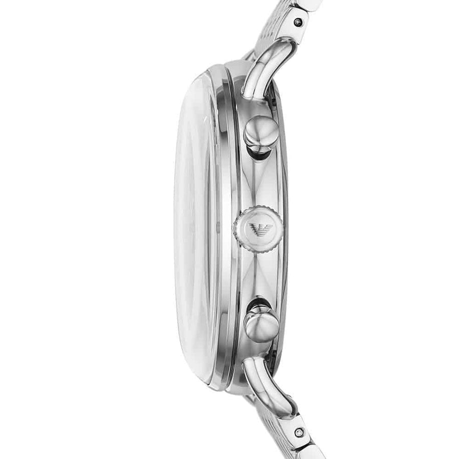 Front view of Emporio Armani AR11238 men’s watch with deep blue dial and silver strap