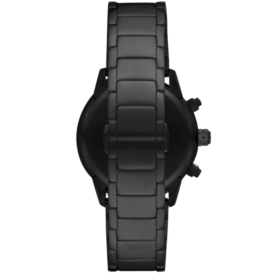 Front view of Emporio Armani AR11242 with black dial and stainless steel bracelet
