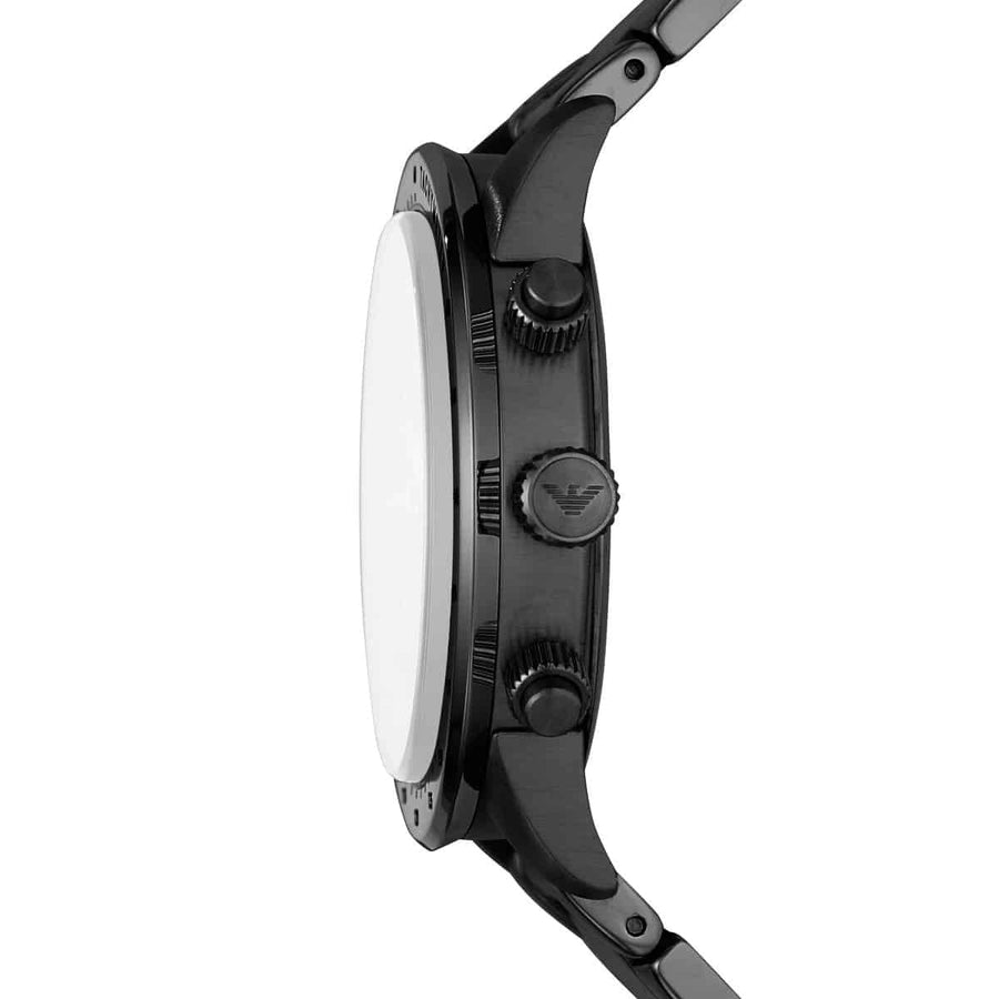 Front view of Emporio Armani AR11242 with black dial and stainless steel bracelet