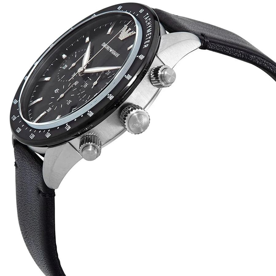 Front view of Emporio Armani AR11243 men’s watch with black dial and leather strap