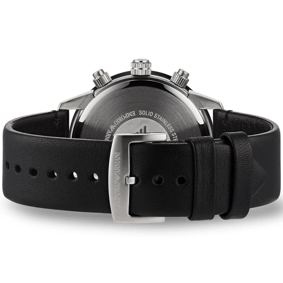 Front view of Emporio Armani AR11243 men’s watch with black dial and leather strap