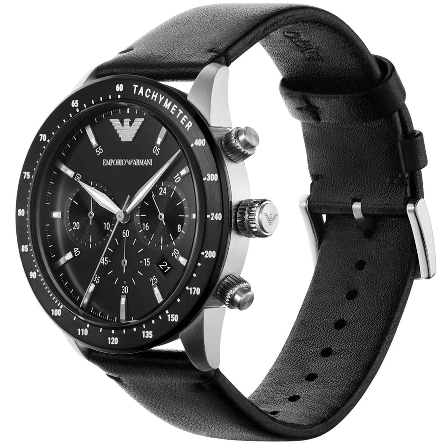 Front view of Emporio Armani AR11243 men’s watch with black dial and leather strap
