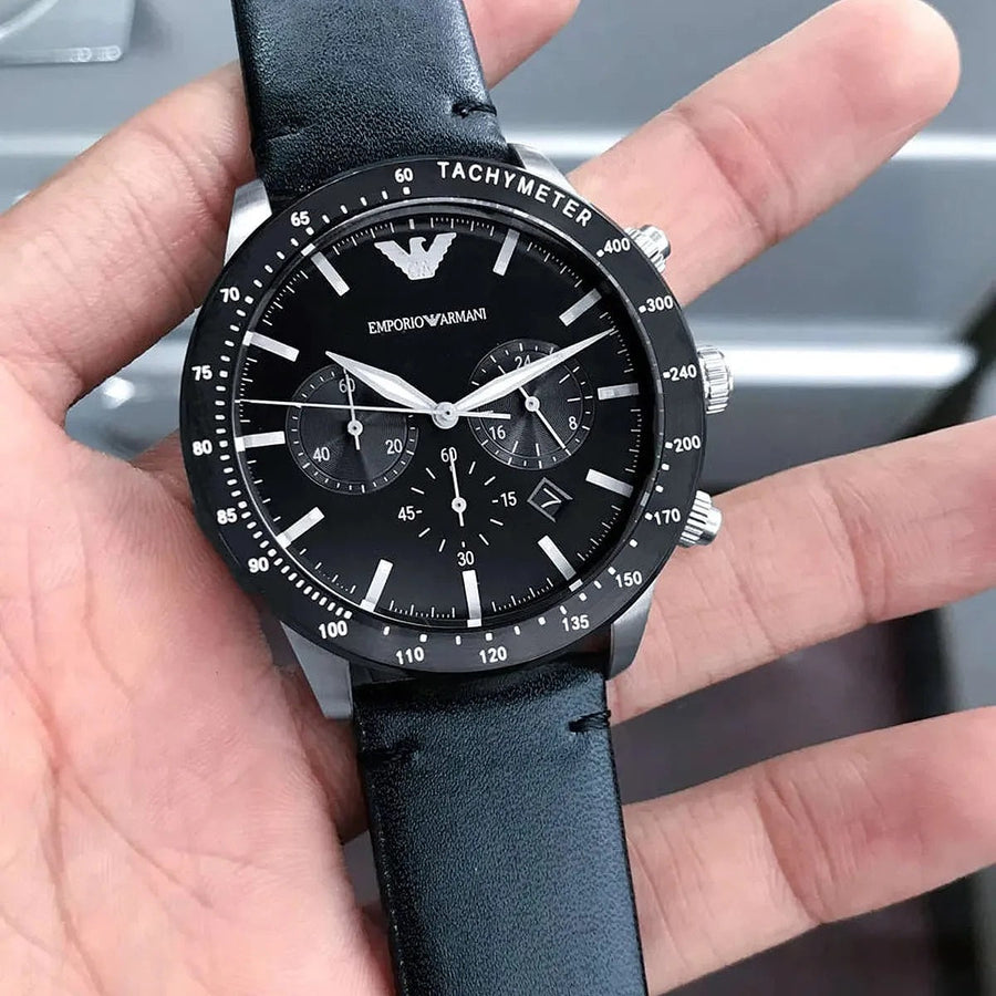 Front view of Emporio Armani AR11243 men’s watch with black dial and leather strap