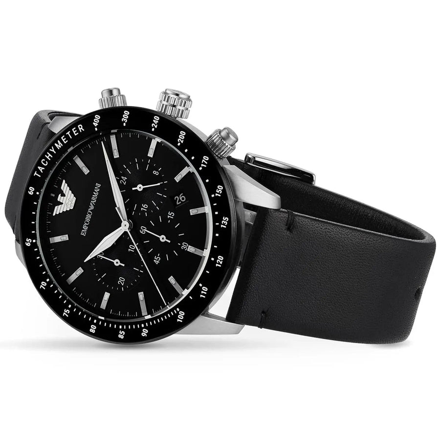 Front view of Emporio Armani AR11243 men’s watch with black dial and leather strap