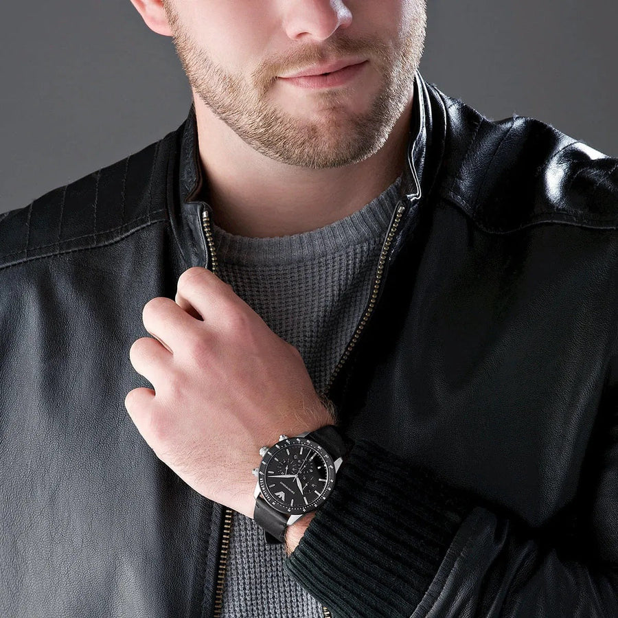Front view of Emporio Armani AR11243 men’s watch with black dial and leather strap