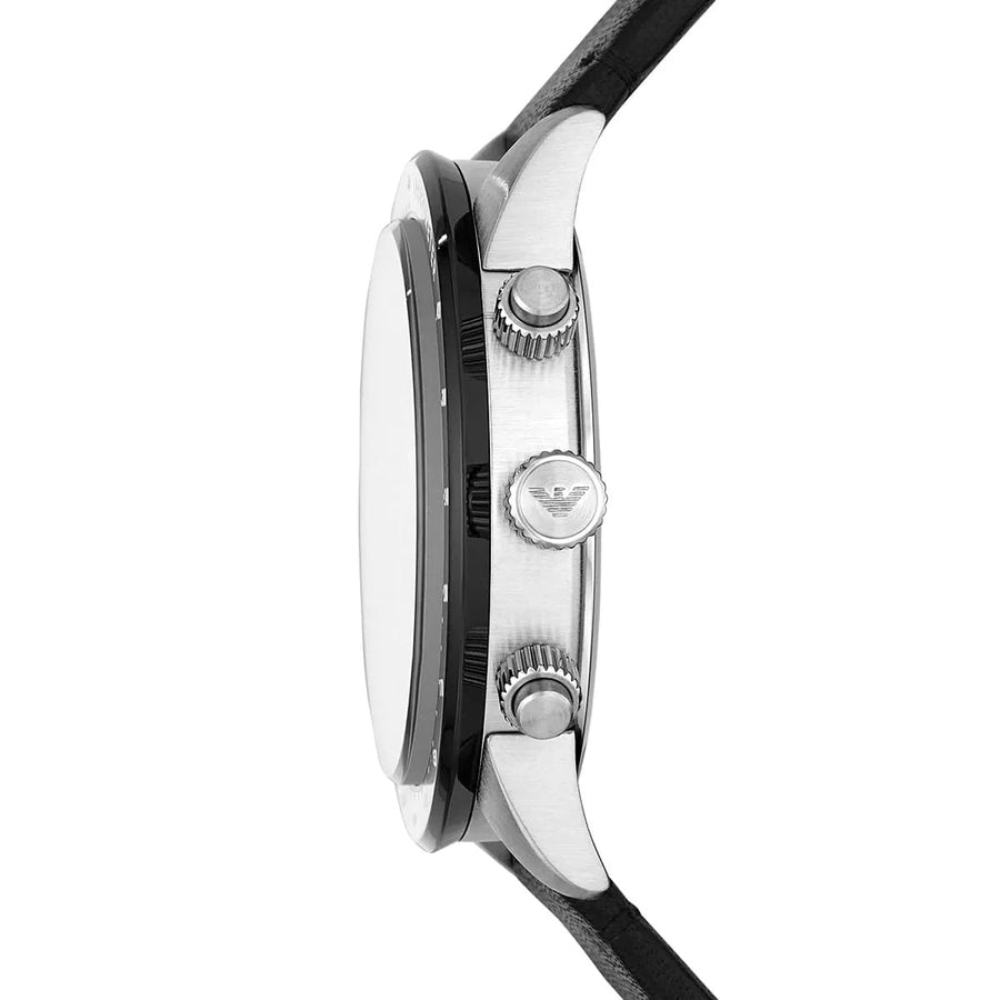 Front view of Emporio Armani AR11243 men’s watch with black dial and leather strap