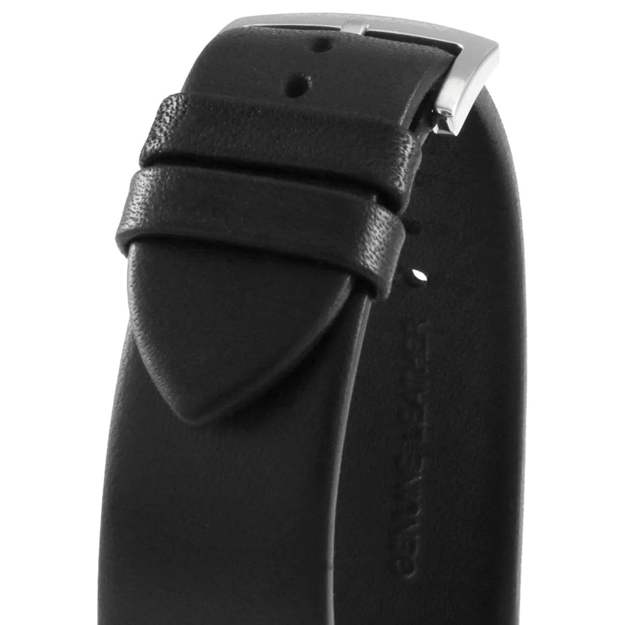 Front view of Emporio Armani AR11243 men’s watch with black dial and leather strap