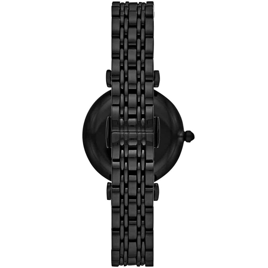 Front view of Emporio Armani AR11245 women’s watch with sparkling black dial