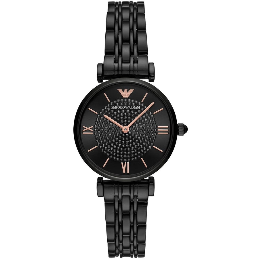 Front view of Emporio Armani AR11245 women’s watch with sparkling black dial