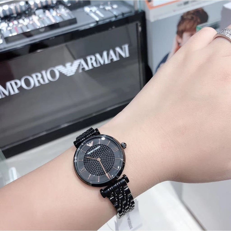 Front view of Emporio Armani AR11245 women’s watch with sparkling black dial