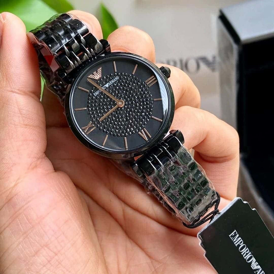 Front view of Emporio Armani AR11245 women’s watch with sparkling black dial