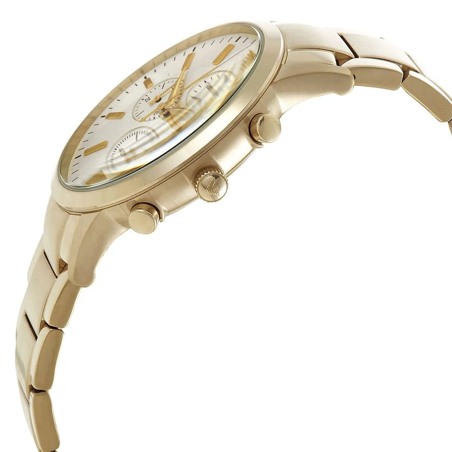 Front view of Emporio Armani AR11332 men’s watch with elegant silver dial and gold strap
