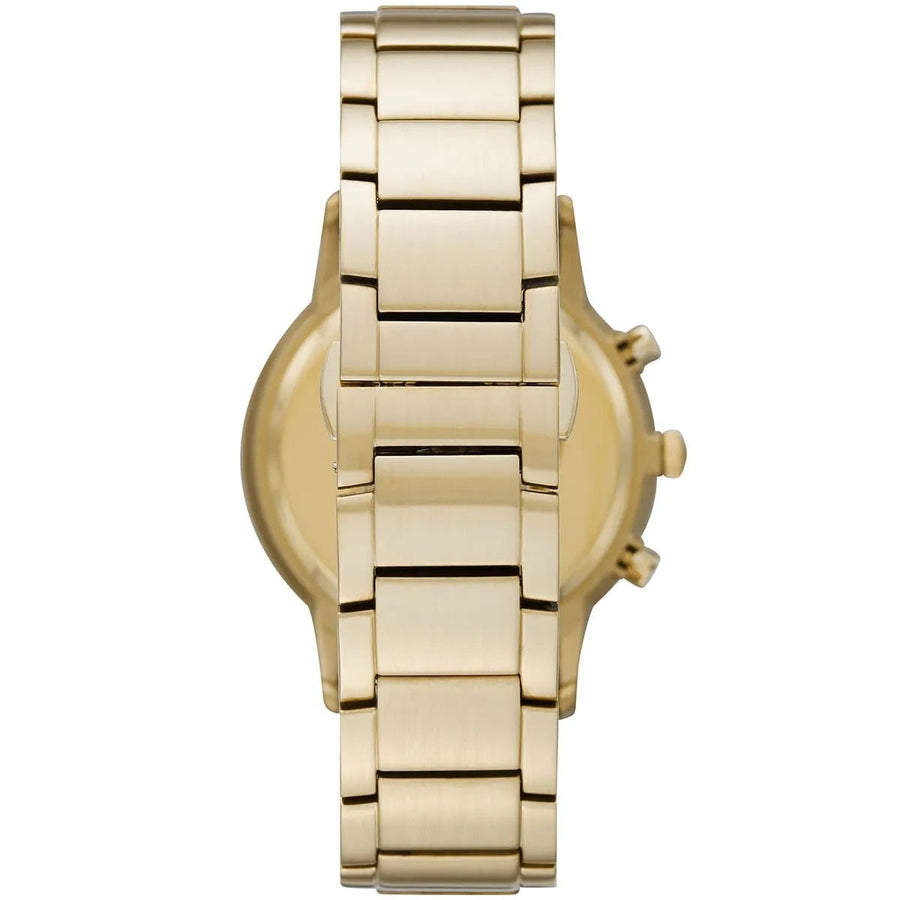 Front view of Emporio Armani AR11332 men’s watch with elegant silver dial and gold strap