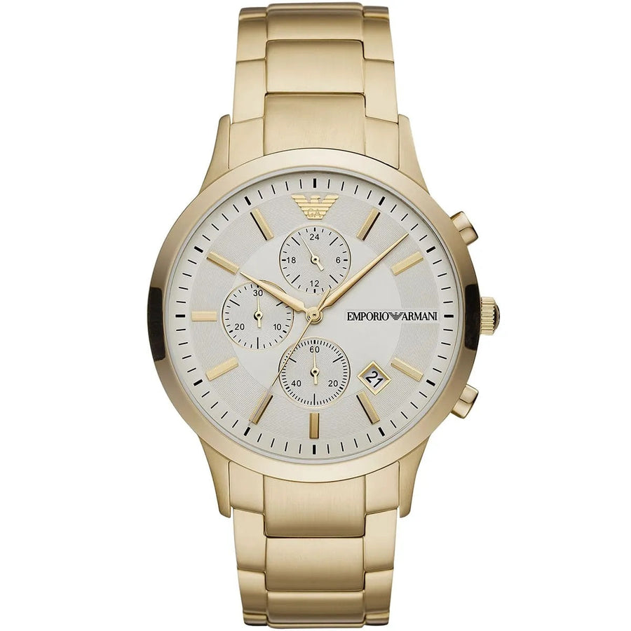 Front view of Emporio Armani AR11332 men’s watch with elegant silver dial and gold strap