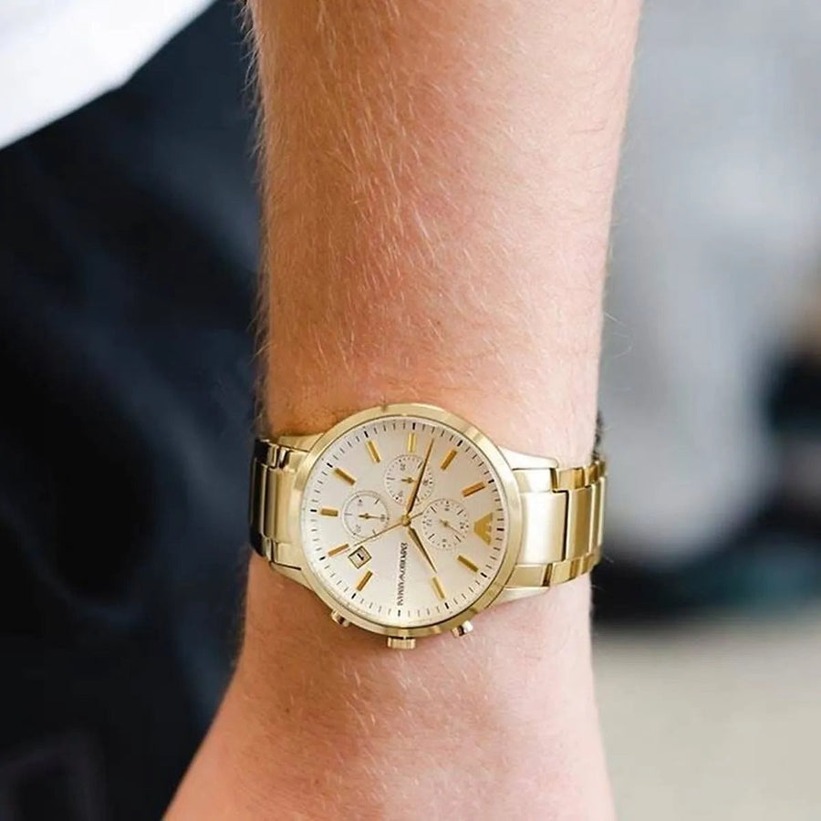 Front view of Emporio Armani AR11332 men’s watch with elegant silver dial and gold strap