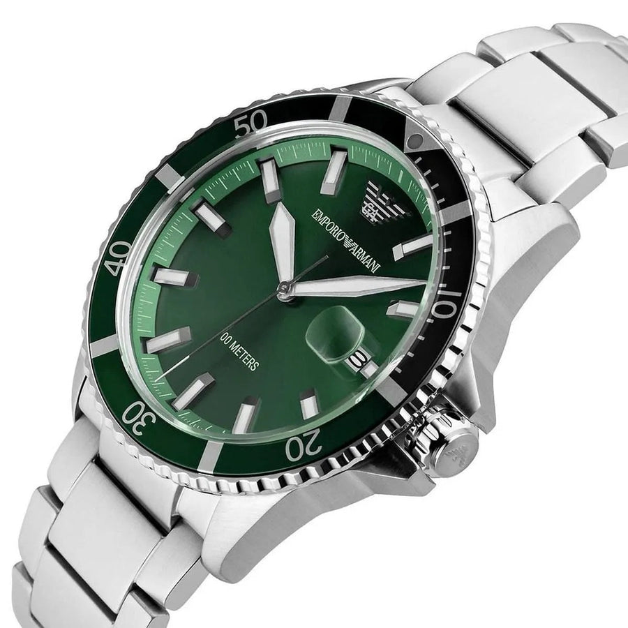 Front view of Emporio Armani AR11338 with bold green dial and silver strap