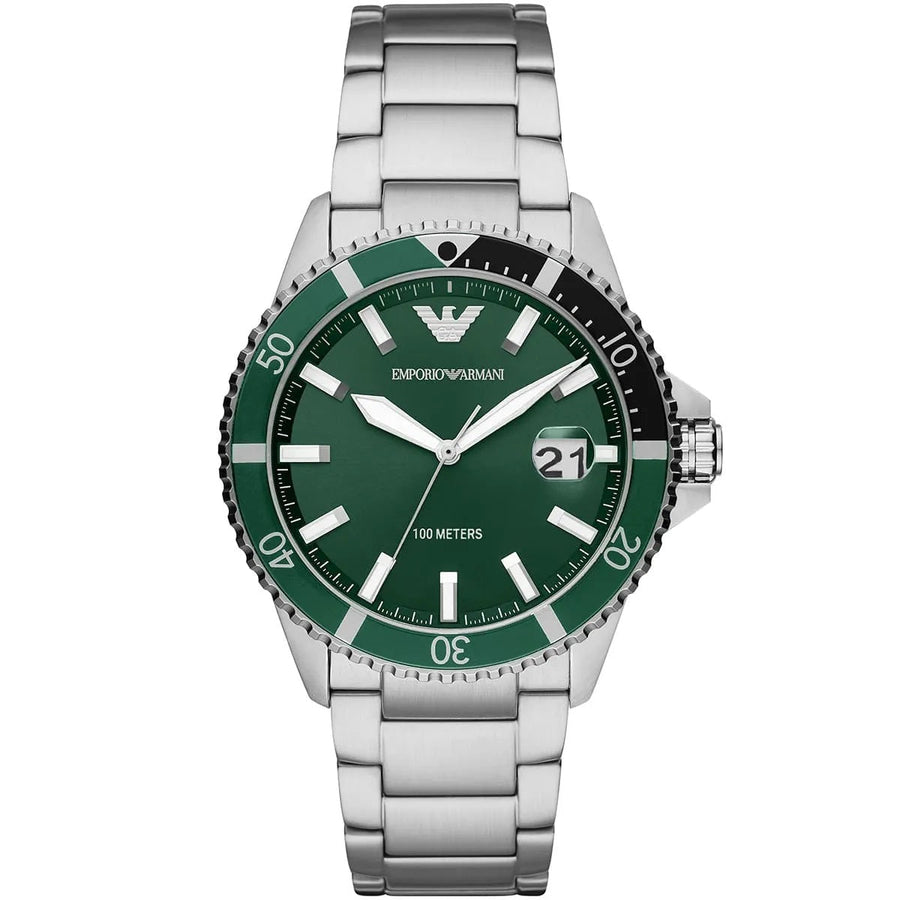 Front view of Emporio Armani AR11338 with bold green dial and silver strap