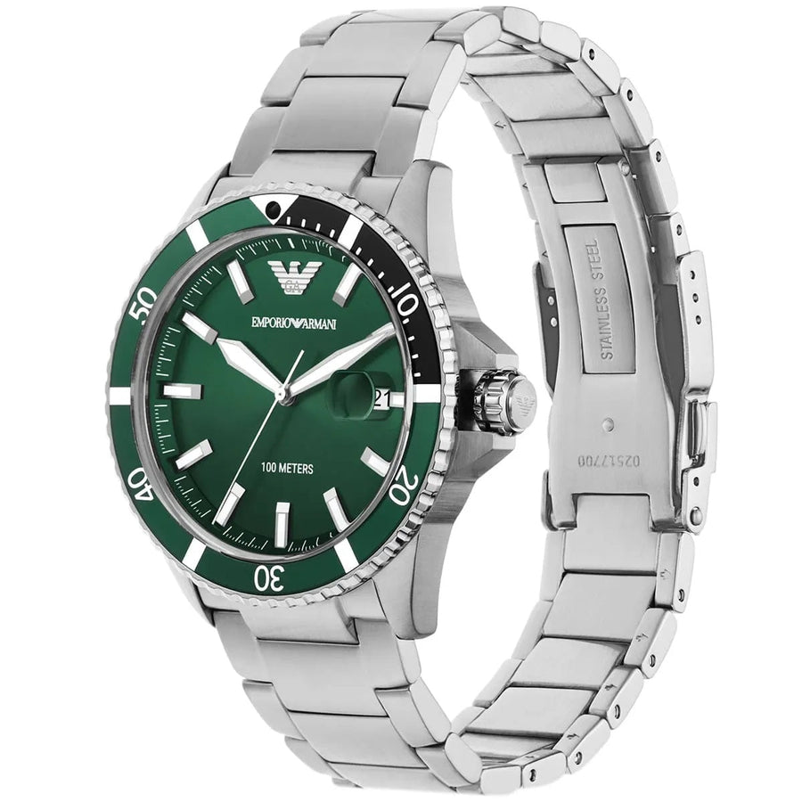Front view of Emporio Armani AR11338 with bold green dial and silver strap
