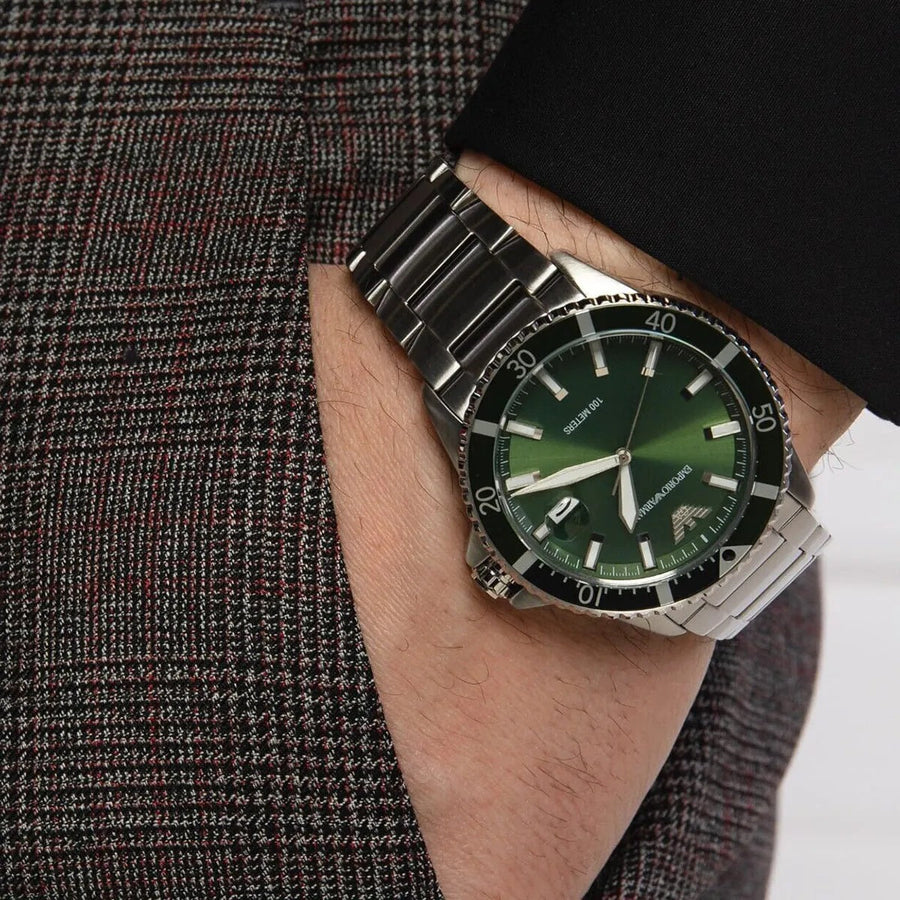Front view of Emporio Armani AR11338 with bold green dial and silver strap