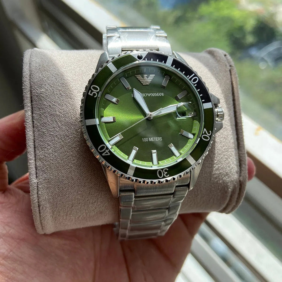 Front view of Emporio Armani AR11338 with bold green dial and silver strap