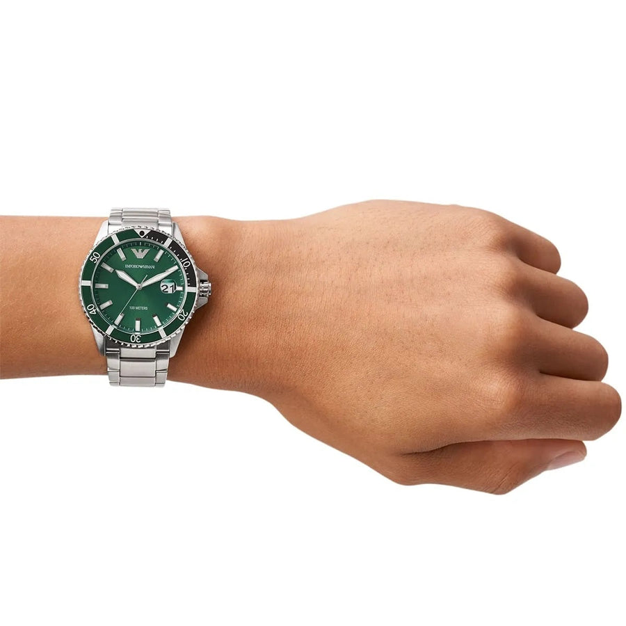 Front view of Emporio Armani AR11338 with bold green dial and silver strap
