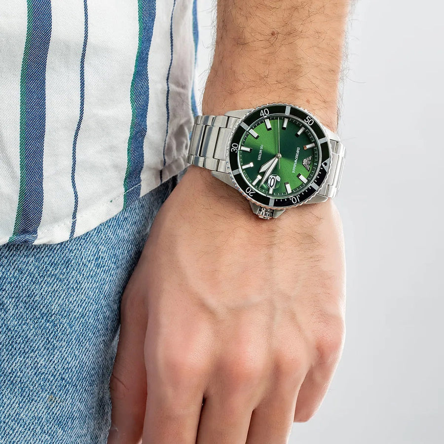 Front view of Emporio Armani AR11338 with bold green dial and silver strap