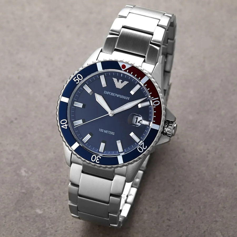 Front view of Emporio Armani AR11339 diver watch with bold blue dial and silver case