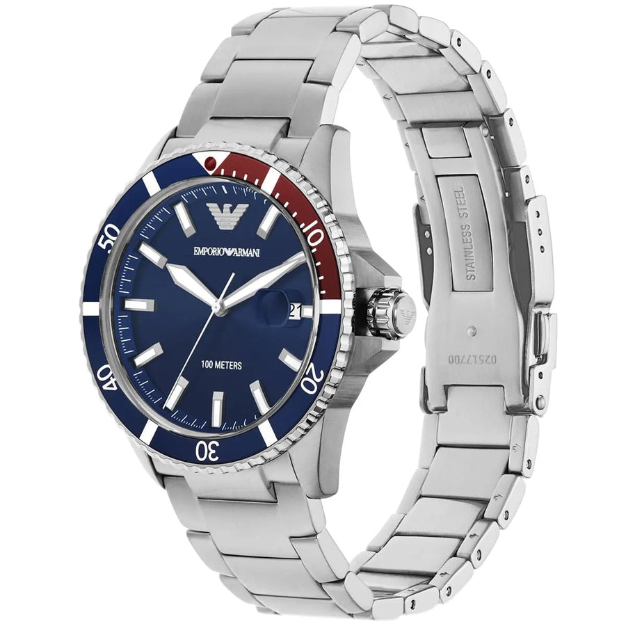 Front view of Emporio Armani AR11339 diver watch with bold blue dial and silver case
