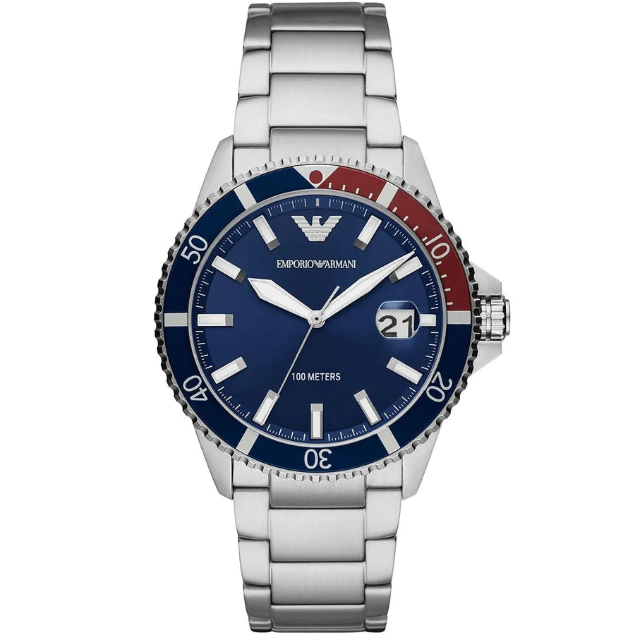 Front view of Emporio Armani AR11339 diver watch with bold blue dial and silver case