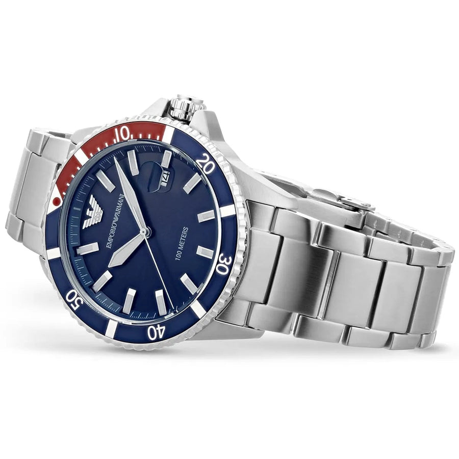 Front view of Emporio Armani AR11339 diver watch with bold blue dial and silver case