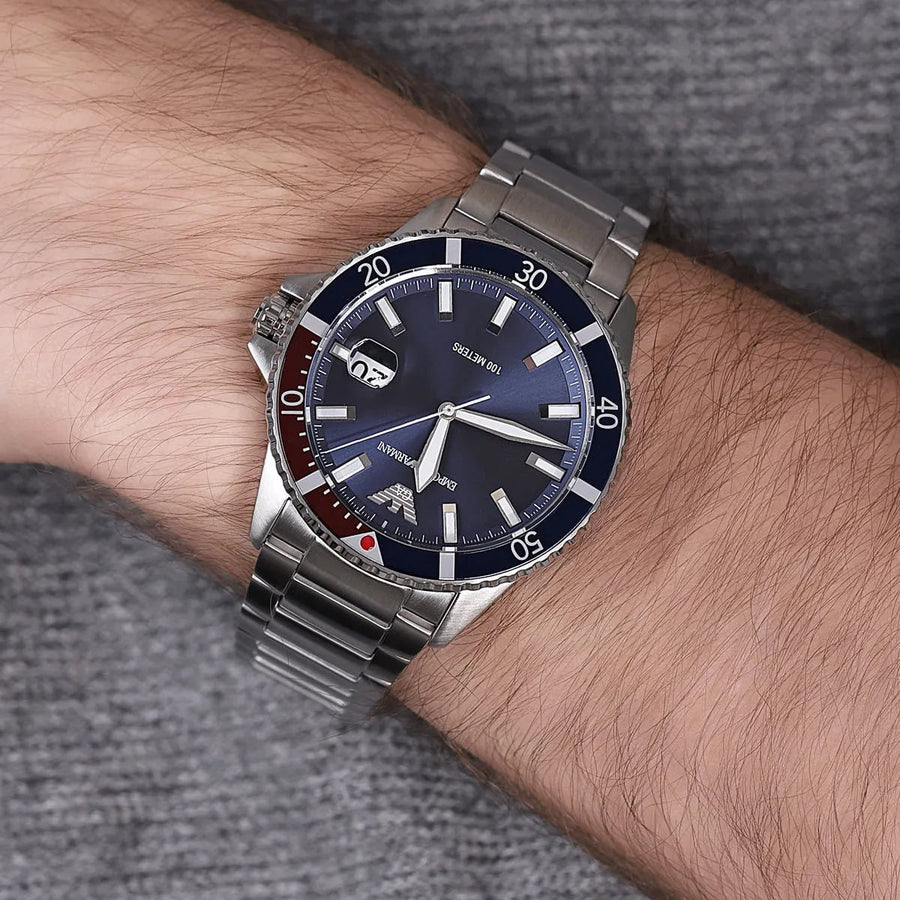 Front view of Emporio Armani AR11339 diver watch with bold blue dial and silver case