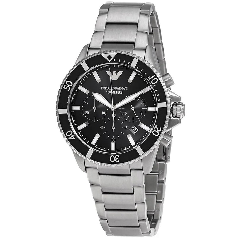 Front view of Emporio Armani AR11360 showcasing bold black dial and diver bezel