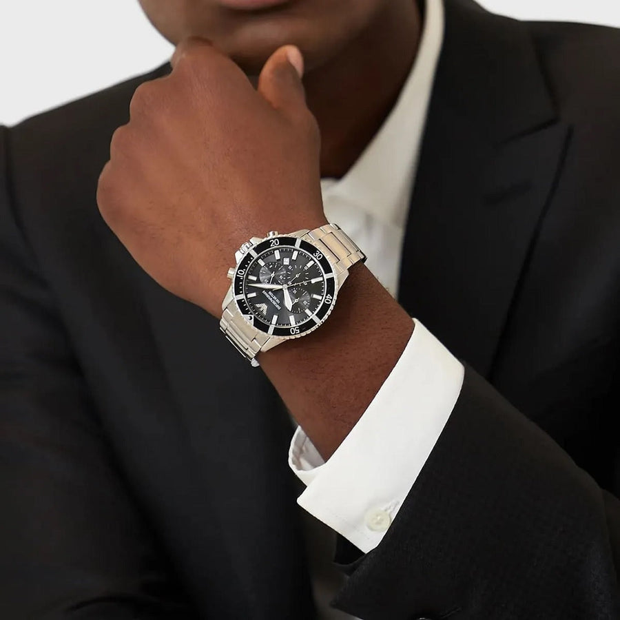 Front view of Emporio Armani AR11360 showcasing bold black dial and diver bezel