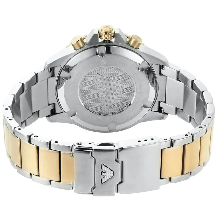 Front view of Emporio Armani AR11362 showing blue dial and two-tone diver design