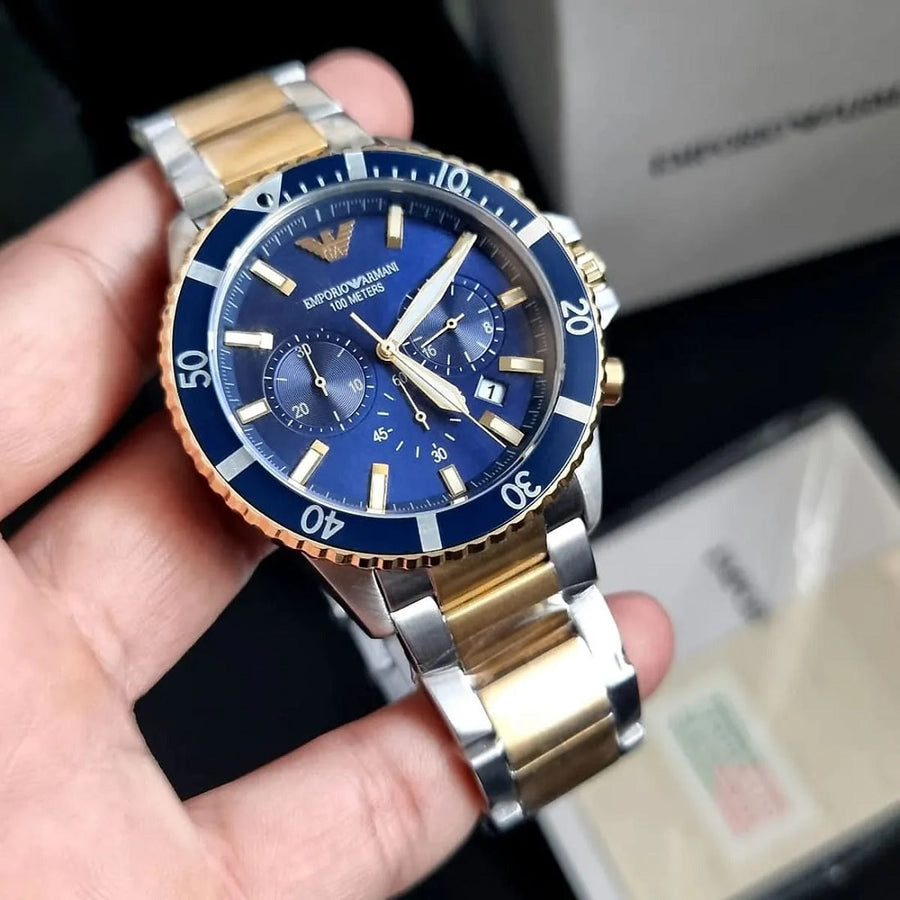 Front view of Emporio Armani AR11362 showing blue dial and two-tone diver design