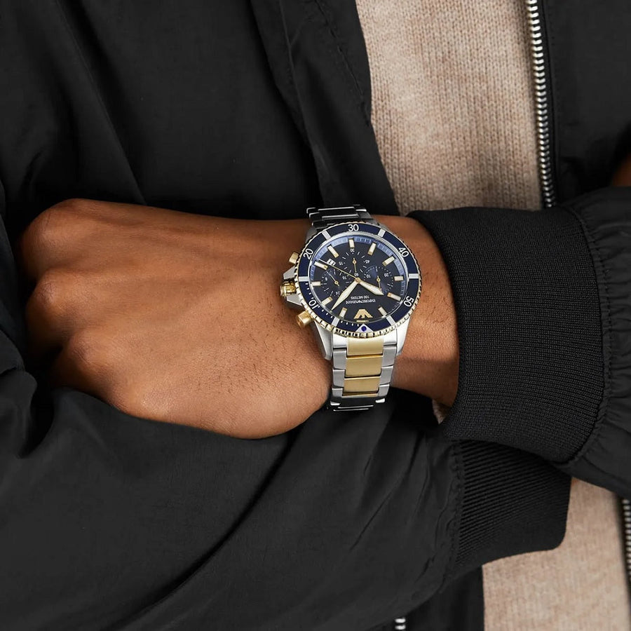 Front view of Emporio Armani AR11362 showing blue dial and two-tone diver design