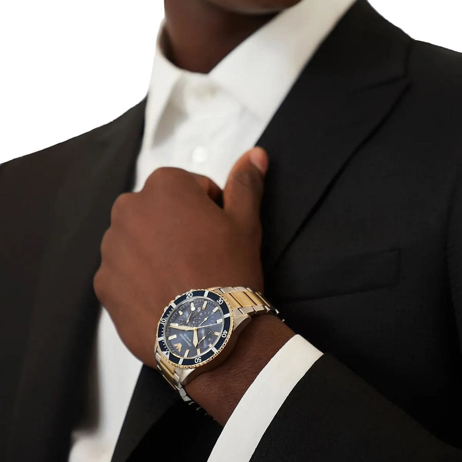 Front view of Emporio Armani AR11362 showing blue dial and two-tone diver design