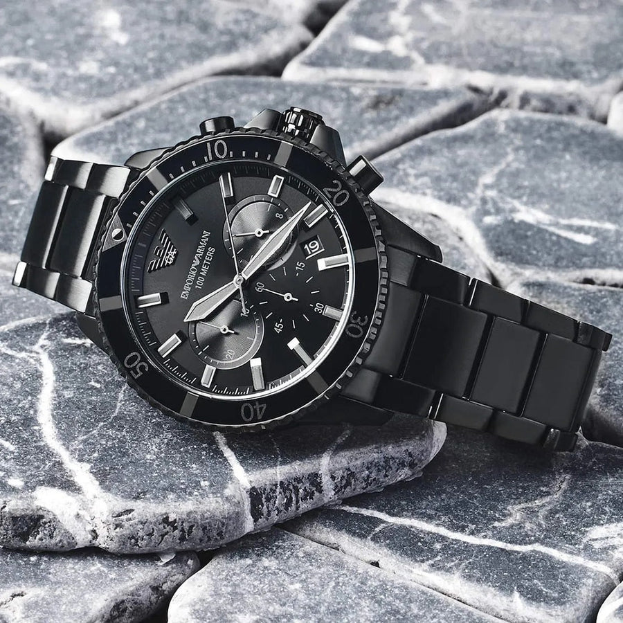 Front view of Emporio Armani AR11363 showcasing bold black dial and diver design