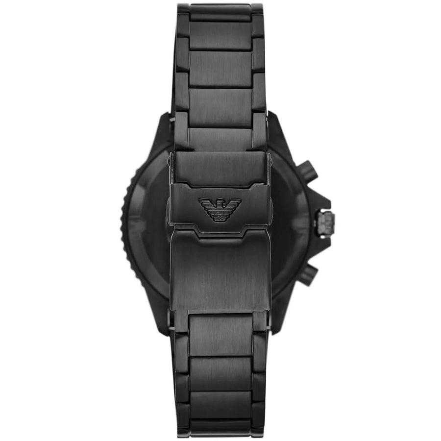 Front view of Emporio Armani AR11363 showcasing bold black dial and diver design