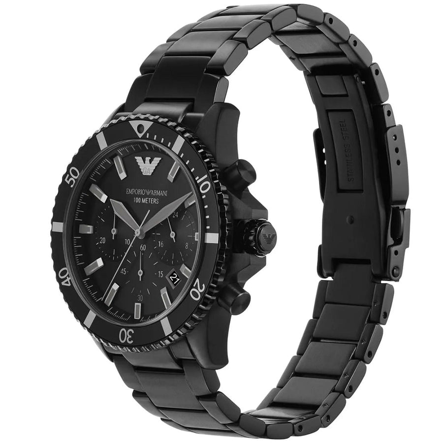 Front view of Emporio Armani AR11363 showcasing bold black dial and diver design