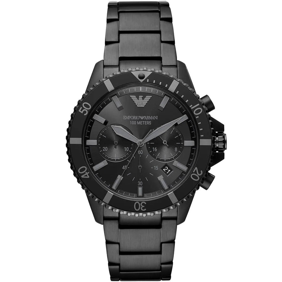 Front view of Emporio Armani AR11363 showcasing bold black dial and diver design