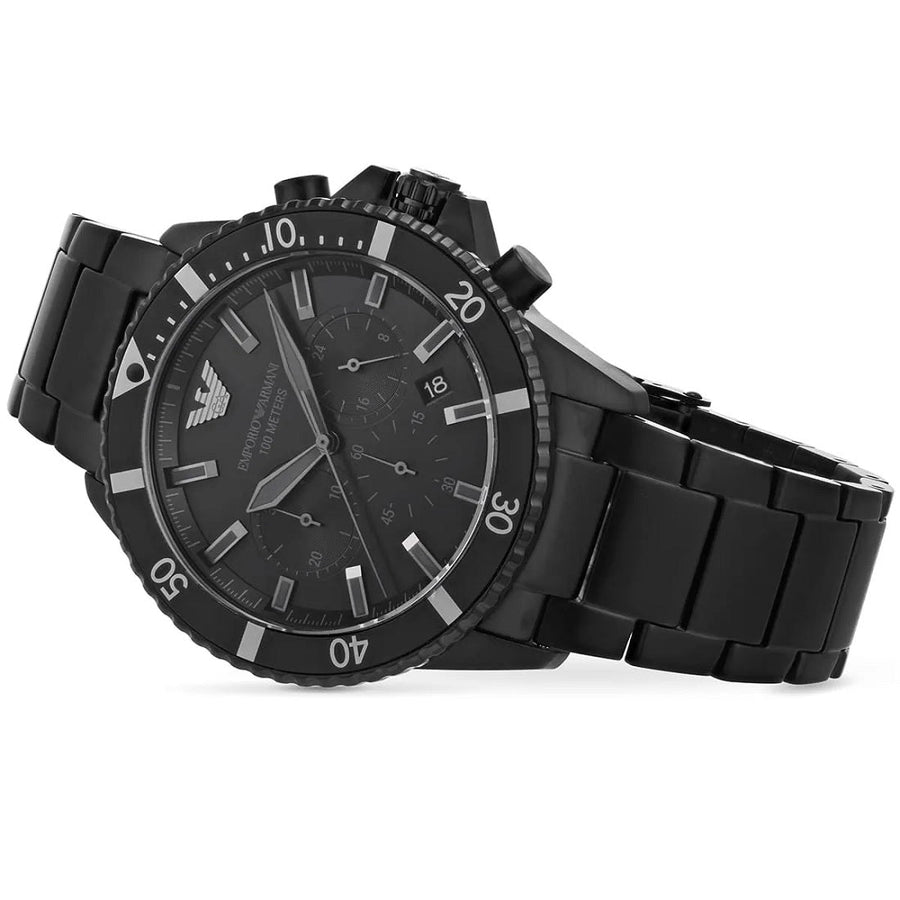 Front view of Emporio Armani AR11363 showcasing bold black dial and diver design