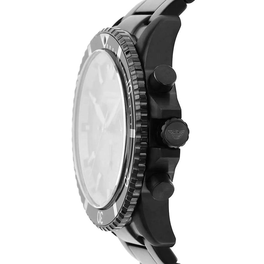 Front view of Emporio Armani AR11363 showcasing bold black dial and diver design