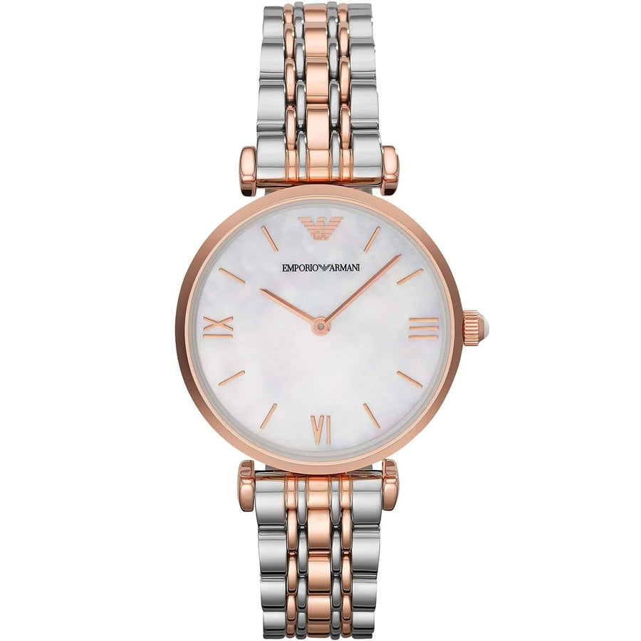 Front view of Emporio Armani AR1683 ladies’ watch featuring mother of pearl dial