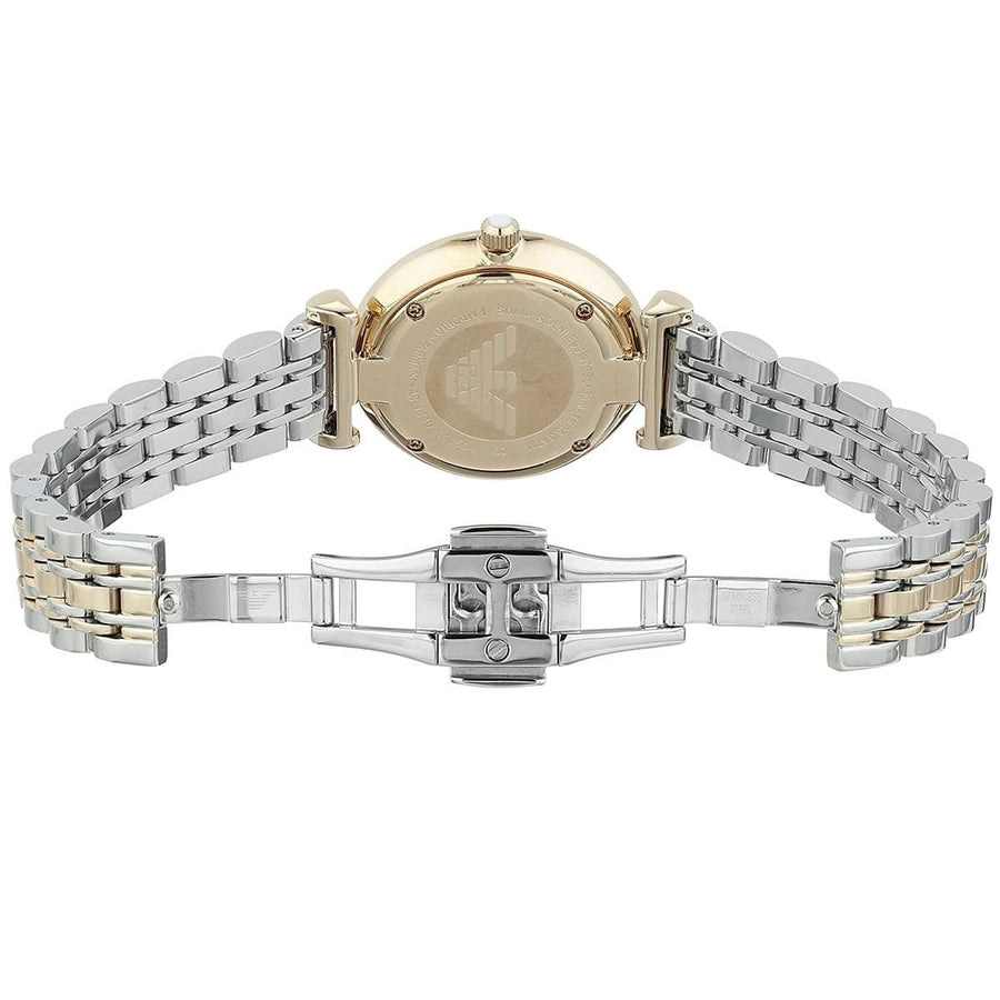 Front view of Emporio Armani AR1683 ladies’ watch featuring mother of pearl dial