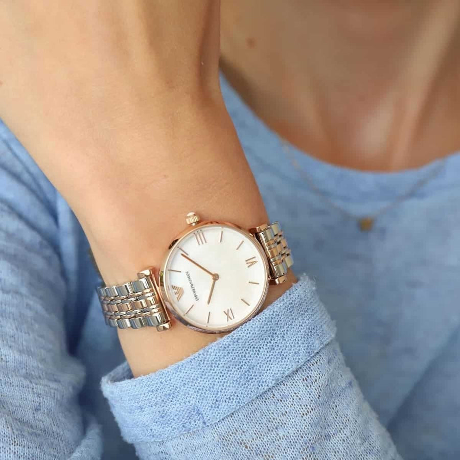 Front view of Emporio Armani AR1683 ladies’ watch featuring mother of pearl dial