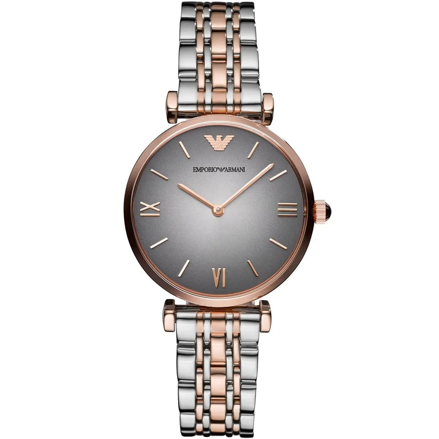 Front view of Emporio Armani AR1725 two-tone grey women's watch