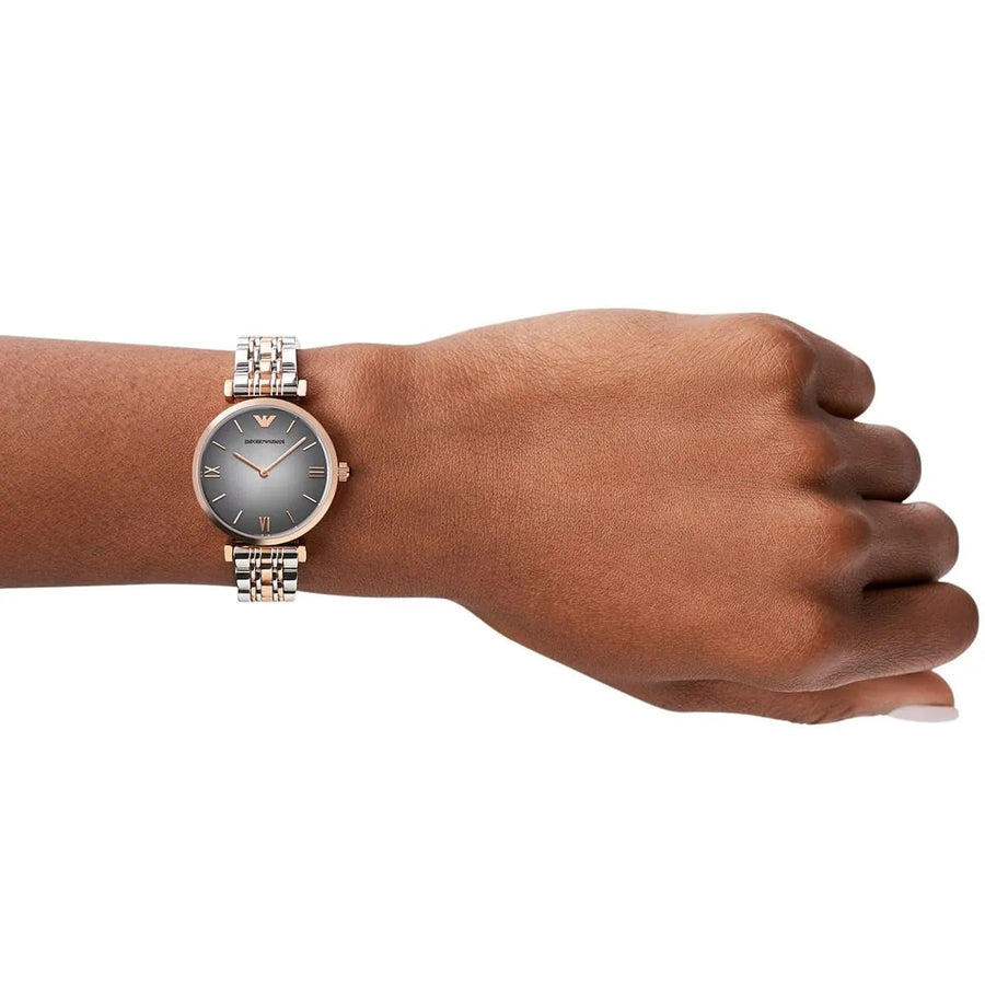 Front view of Emporio Armani AR1725 two-tone grey women's watch