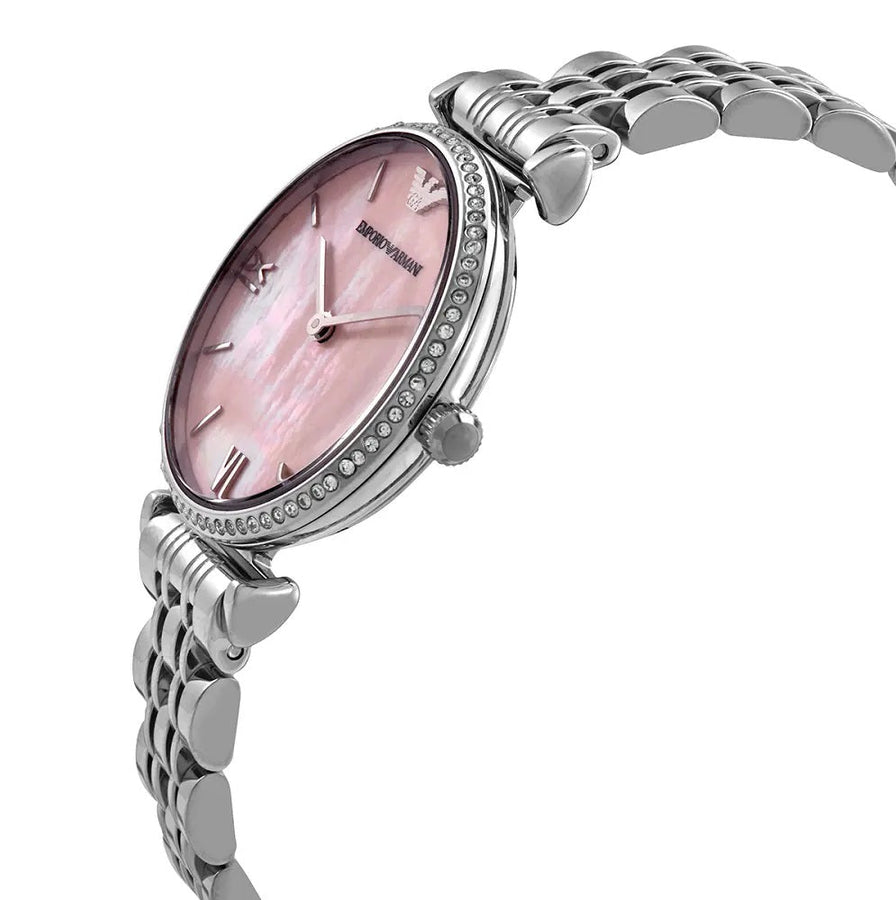 Emporio Armani AR1779 women’s watch front view with pink dial and silver strap